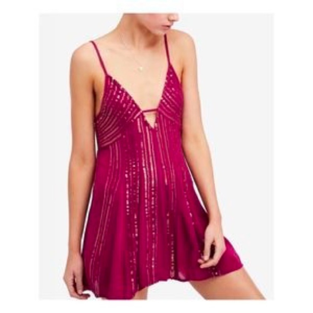 Free People here she is embellished sequined red slip dress size XS
